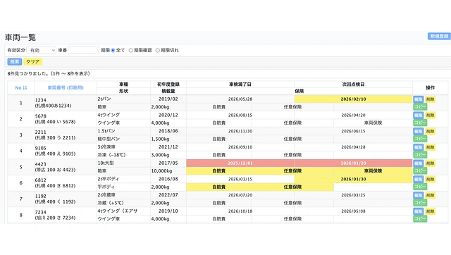 車検・免許管理の画面